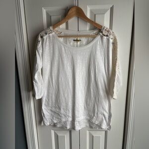 Little Yellow Button Womens 3/4 Sleeve Ivory Shirt Crochet Trim Boho Size XS